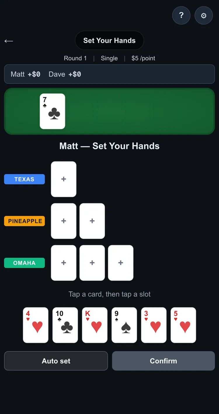 Kansas Hold'em deal: six cards to each player and a partial flop on the board