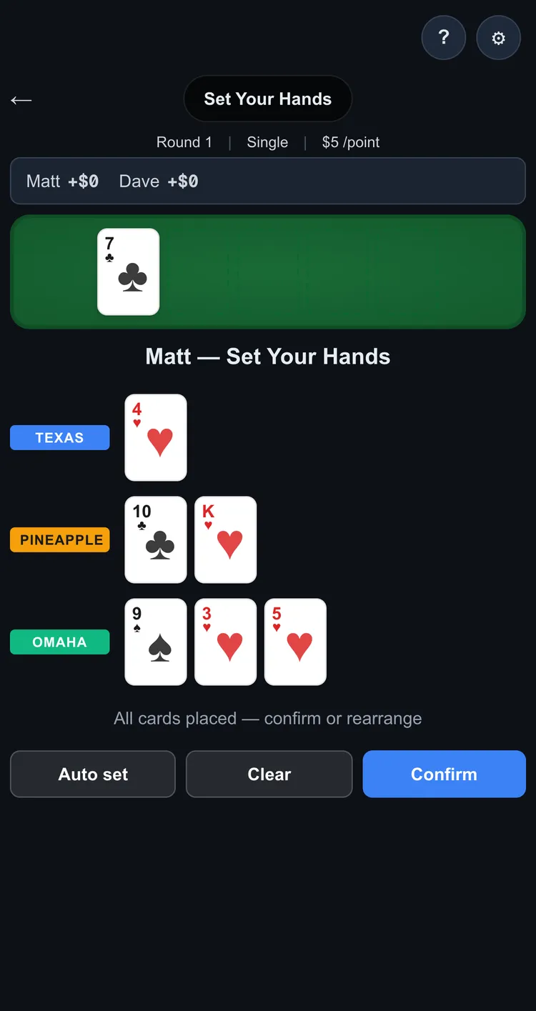 Six cards arranged into a one-card Texas hand, two-card Pineapple hand and three-card Omaha hand