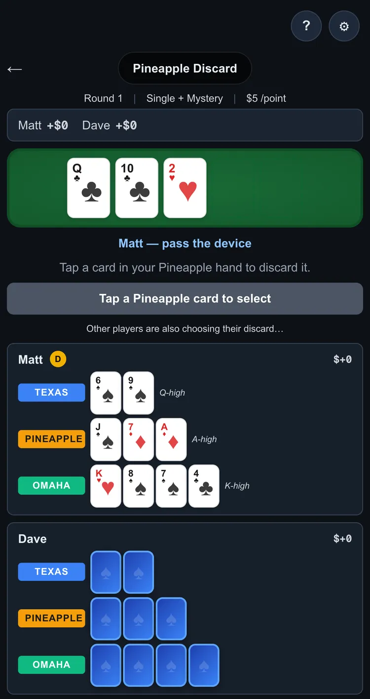A player discarding one card from their Crazy Pineapple hand after the flop