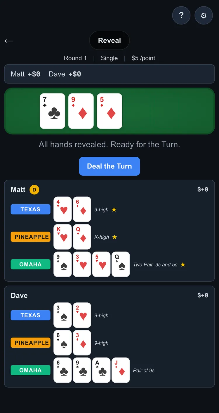 All three hands turned face up with live poker hand evaluations against the shared board