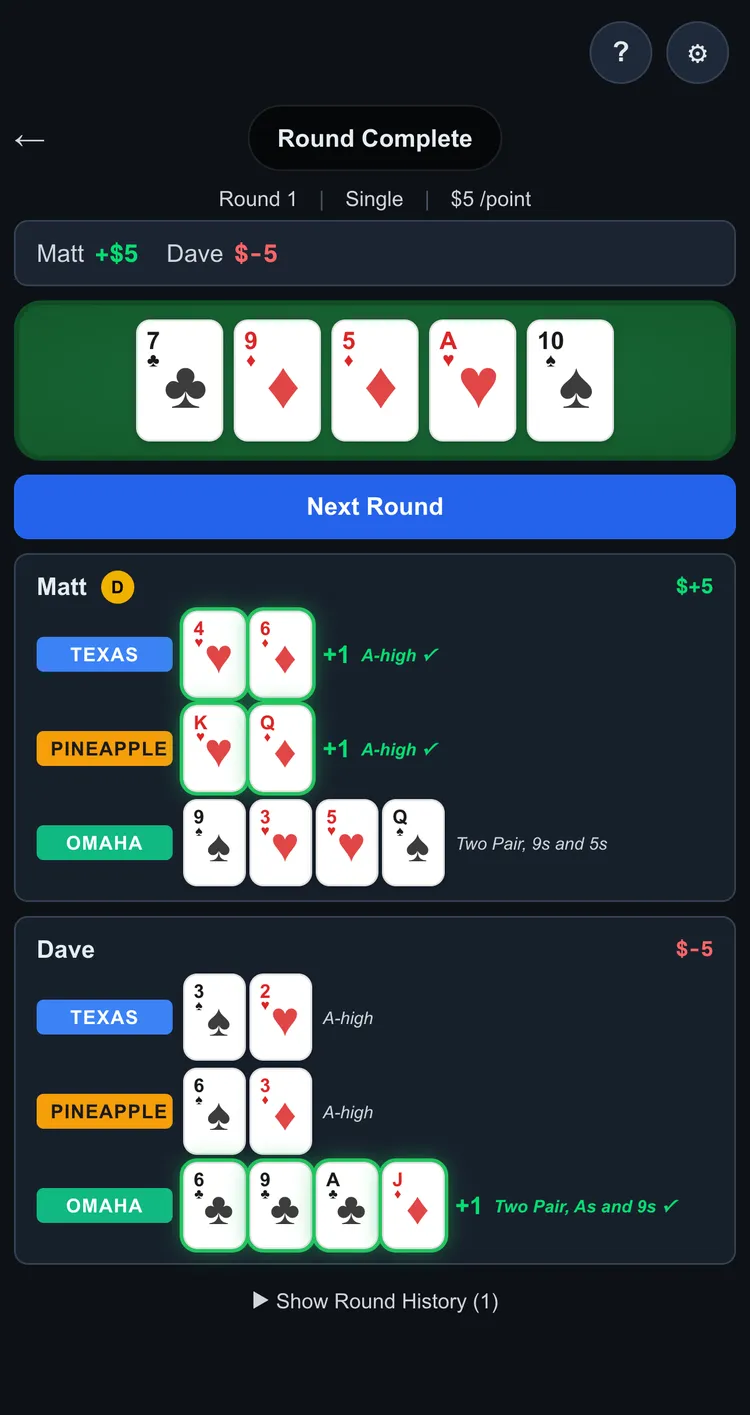 Round results tallied on the Poker Flips running ledger that keeps score across the session