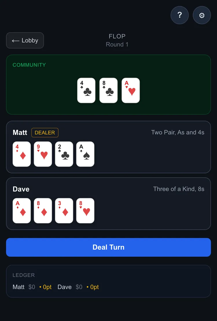 The three-card flop lands and both open hands are read live against the shared board