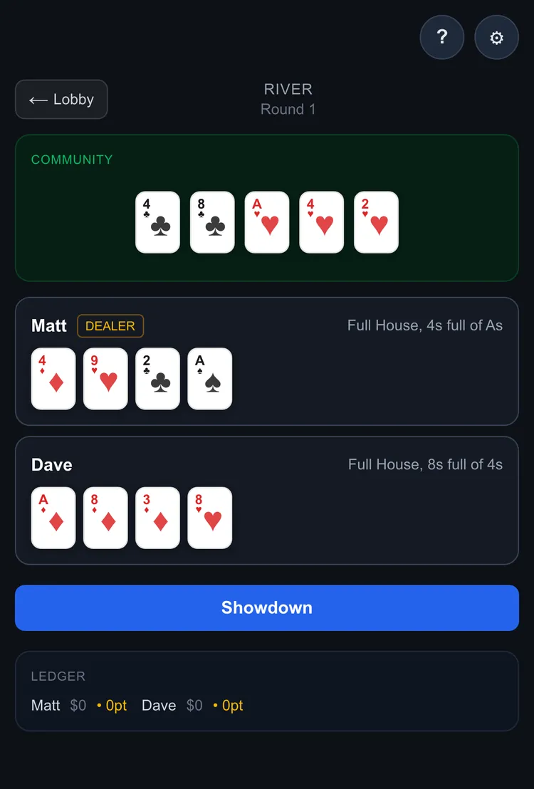 The river completes the five-card board with both players' cards still fully visible