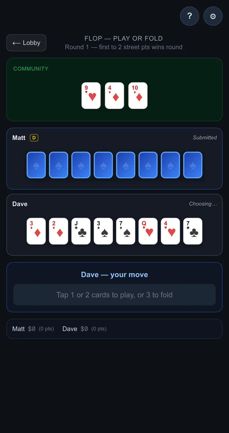 The first player's choice is locked in and shows only as Submitted, so the second player learns nothing before the reveal