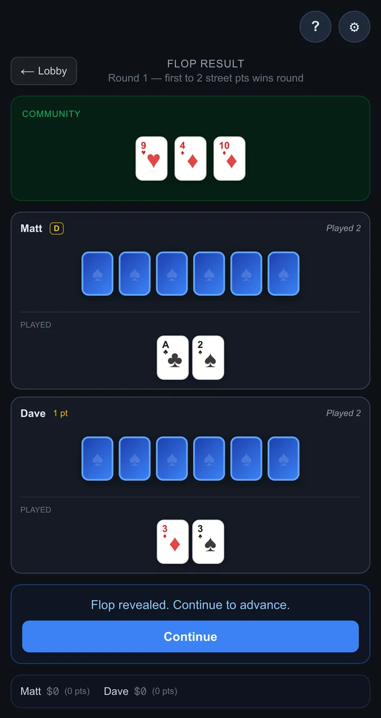 Both players' cards reveal at once and the flop street point is awarded