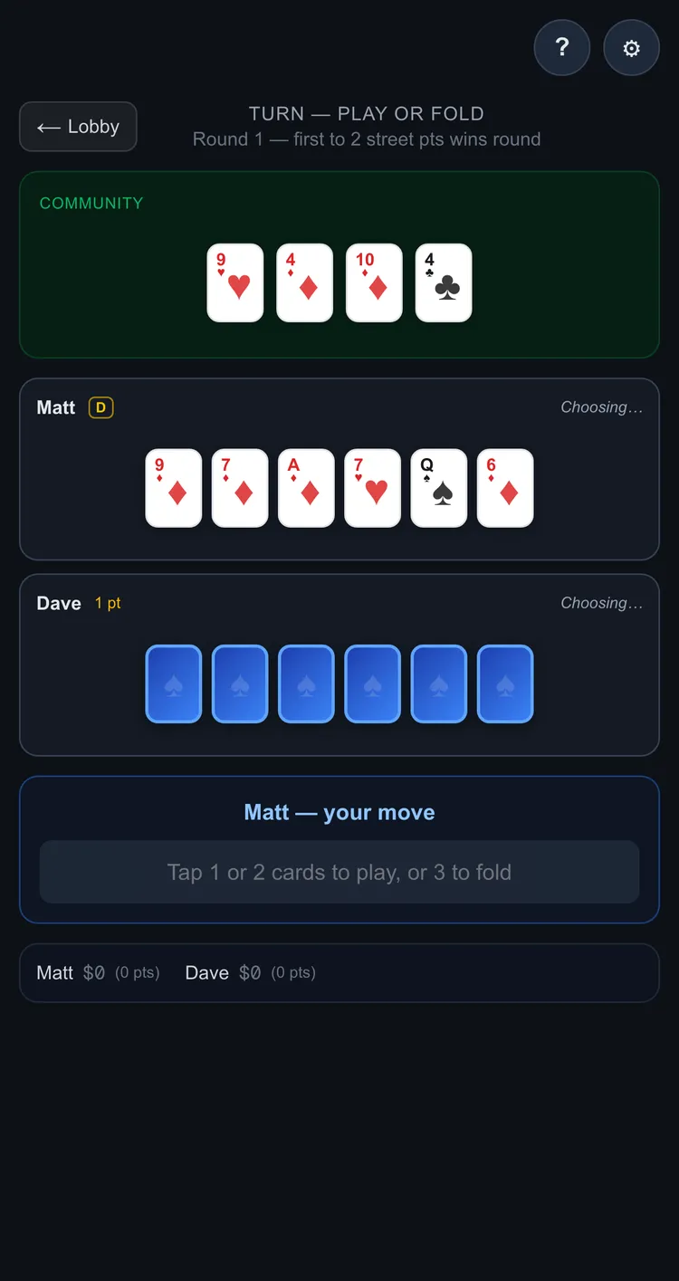 The turn lands and each player picks again from a hand that is one card shorter